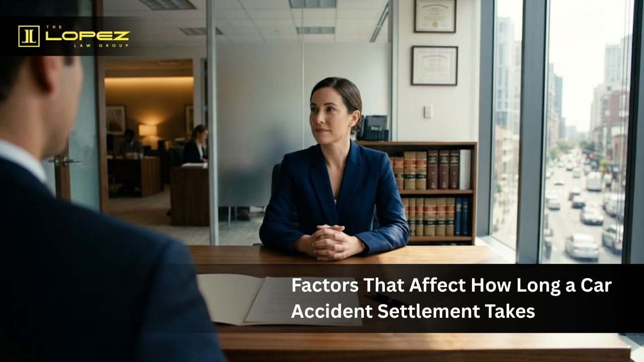 A professional personal injury lawyer sitting across a modern desk with a legal document ready for signature