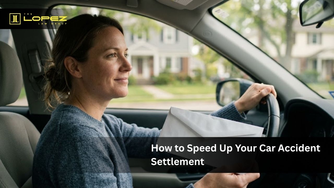 A relieved woman sitting in her car holding a white settlement check envelope