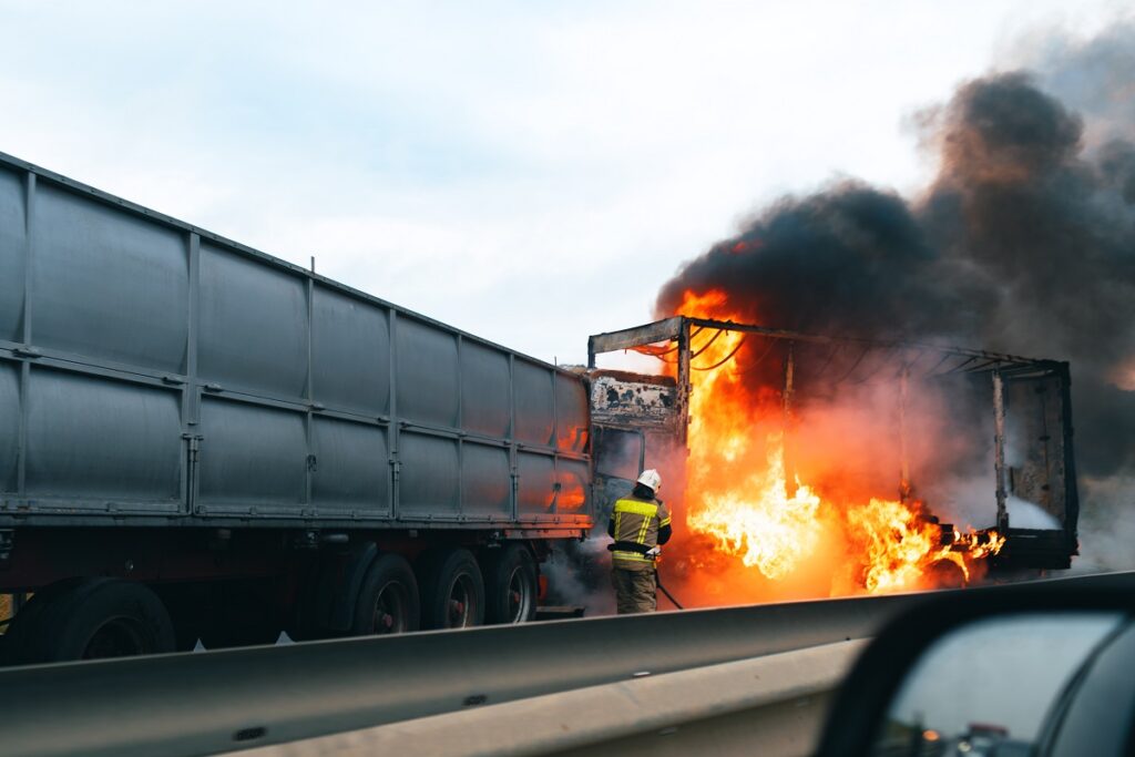 A semi-truck on fire after a car accident