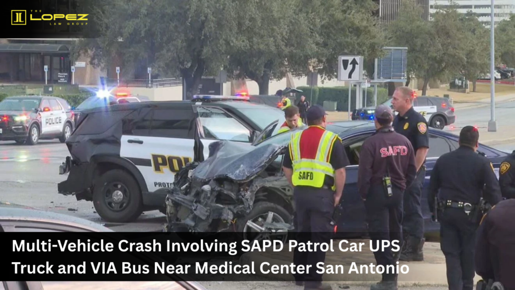 Multi-Vehicle Crash Involving SAPD Patrol Car UPS Truck and VIA Bus Near Medical Center San Antonio