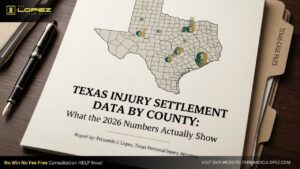 Texas injury settlement report on a desk beside a Texas Case Files folder, with a county map marking settlement amounts