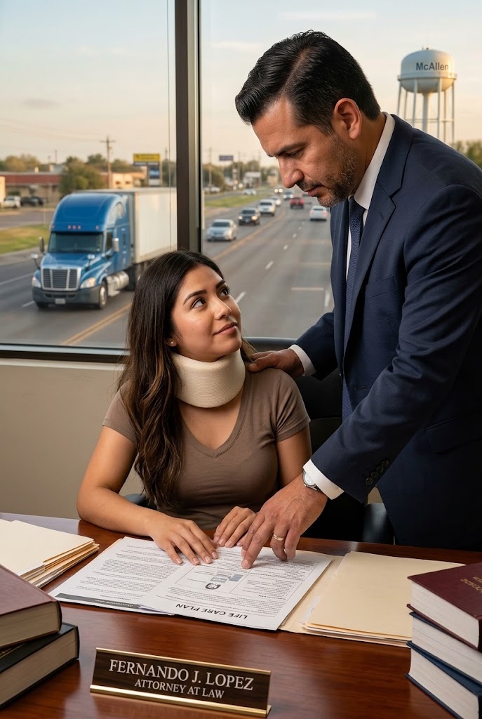 Attorney reviewing case documents with an injured client wearing a neck brace