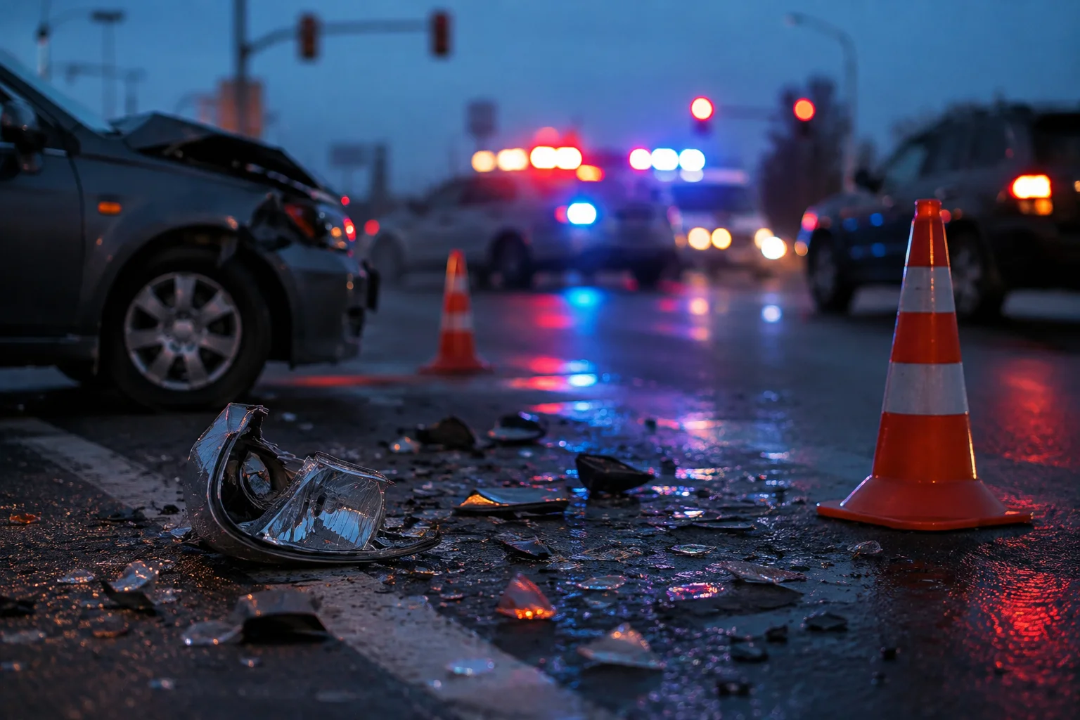 Traffic cones and vehicle debris at a Texas intersection after a collision, the kind of crash counted in RGV crash statistics 2026