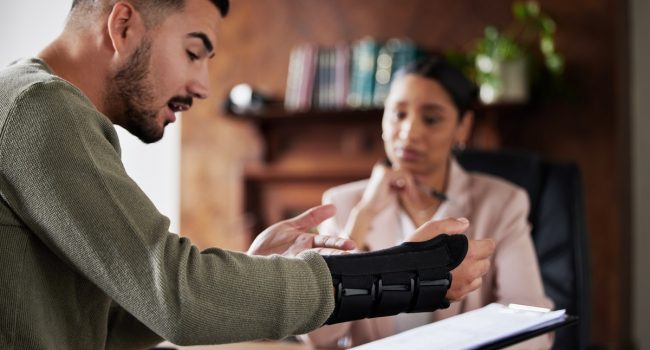 An injured man talking to an attorney